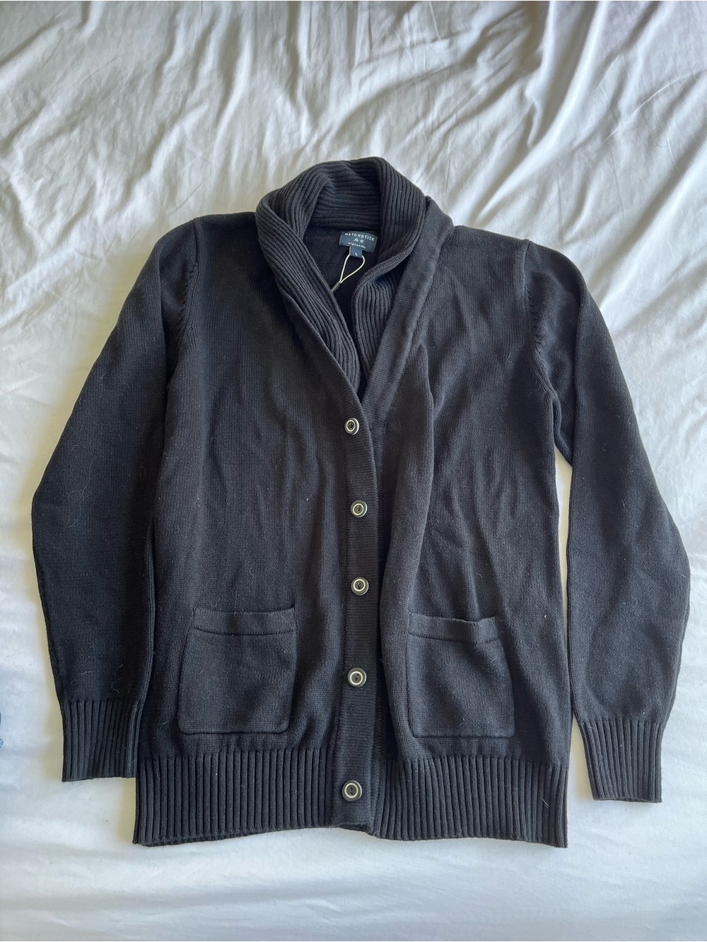 NWT: Matchstick size large Black Shawl Collar Button-Front Women's Sweater